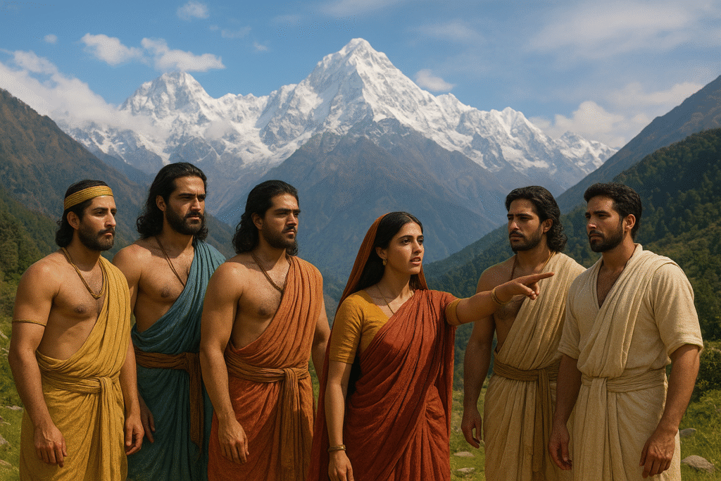 the five brothers of pandav and thier wife draupadi searching the shiva in himalayas