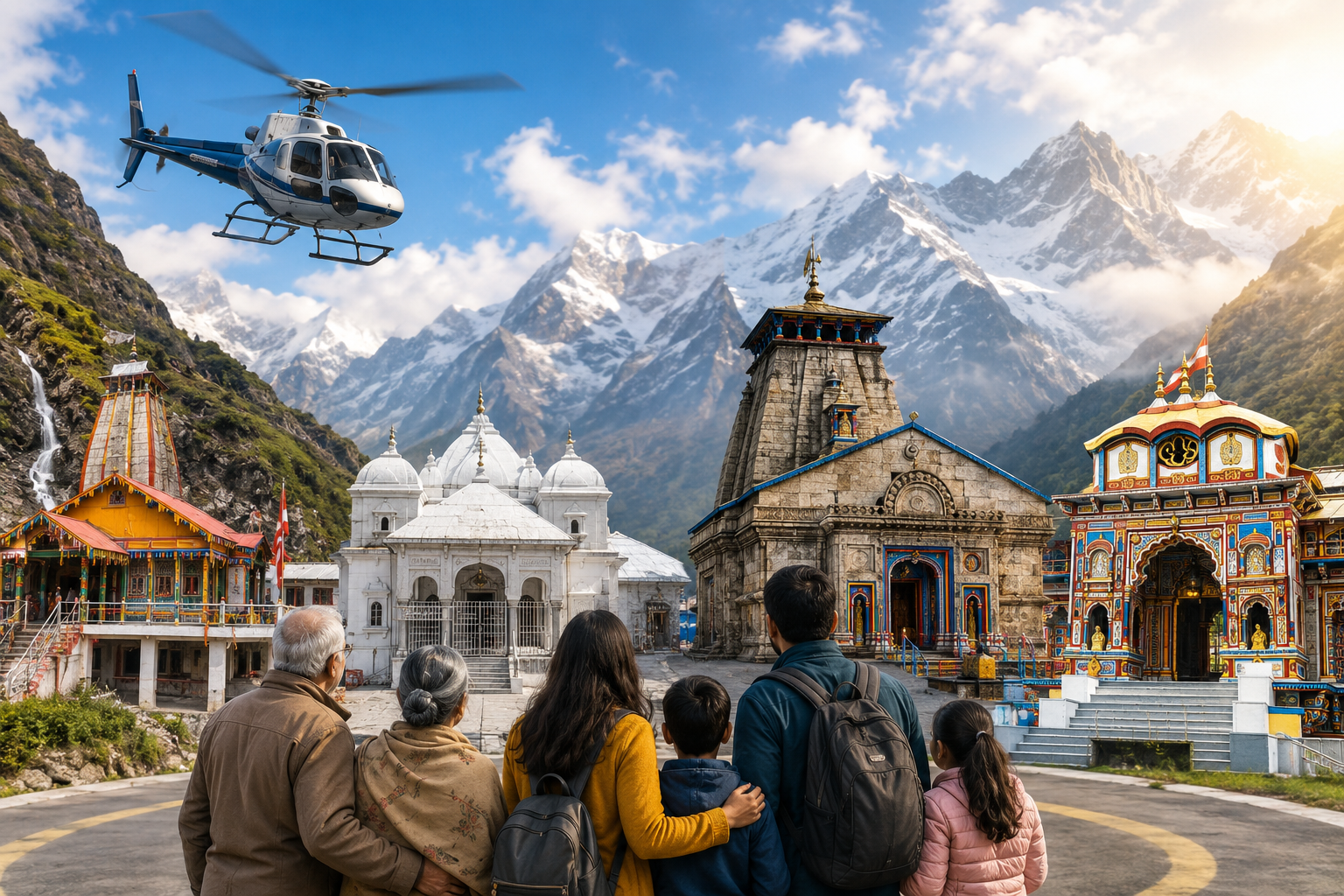 Family on a Char Dham helicopter pilgrimage with Himalayan temples, a helicopter, and snow-capped mountains in Uttarakhand.